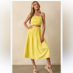TWO PIECE EASE YOUR MIND BRIGHT YELLOW SMOCKED DROP WAIST MIDI SKIRT NWR Size S